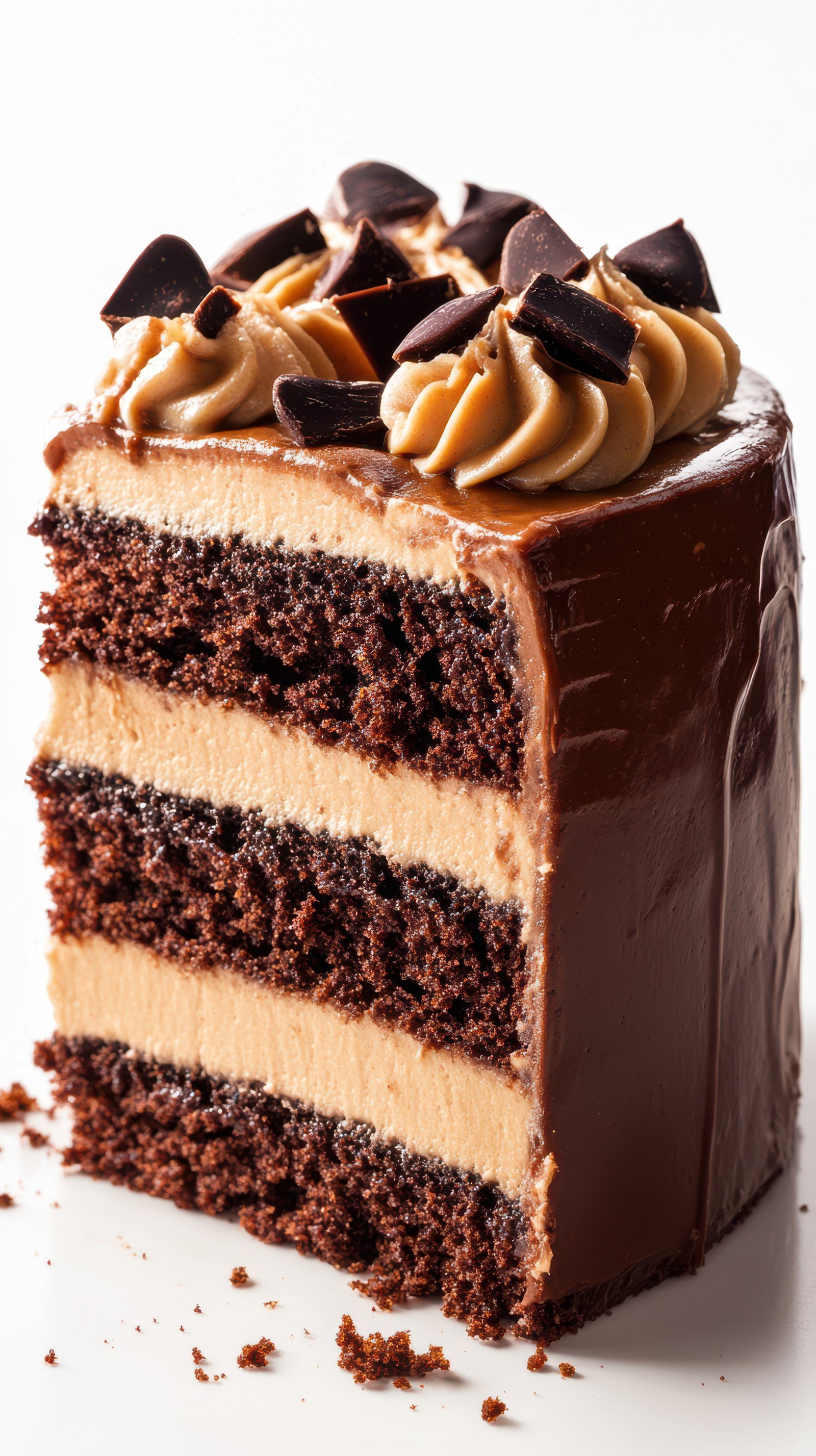 Decadent chocolate cake with creamy frosting and chocolate shavings sitting on a plain background
